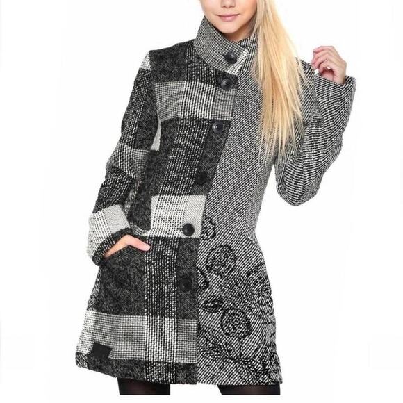 NWT Desigual Wool Blend Coat Womens 4 Tweed Embroidered Plaid Artsy Jacket Pea - Picture 2 of 16